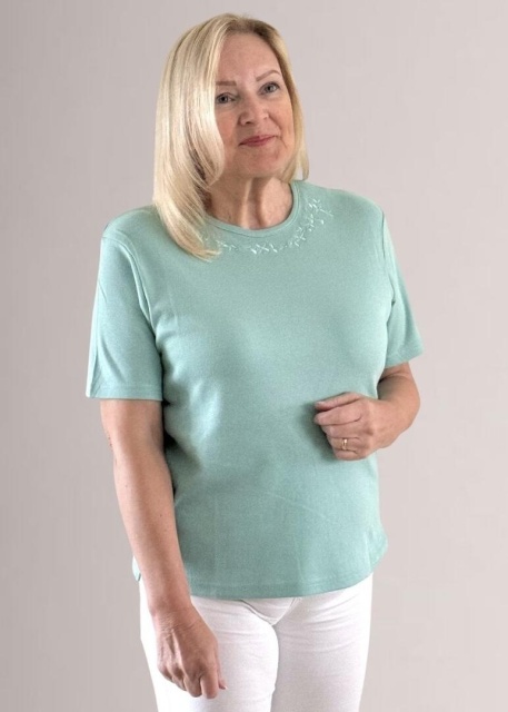 Beaumonde Mint Embroidered Neckline T-Shirt